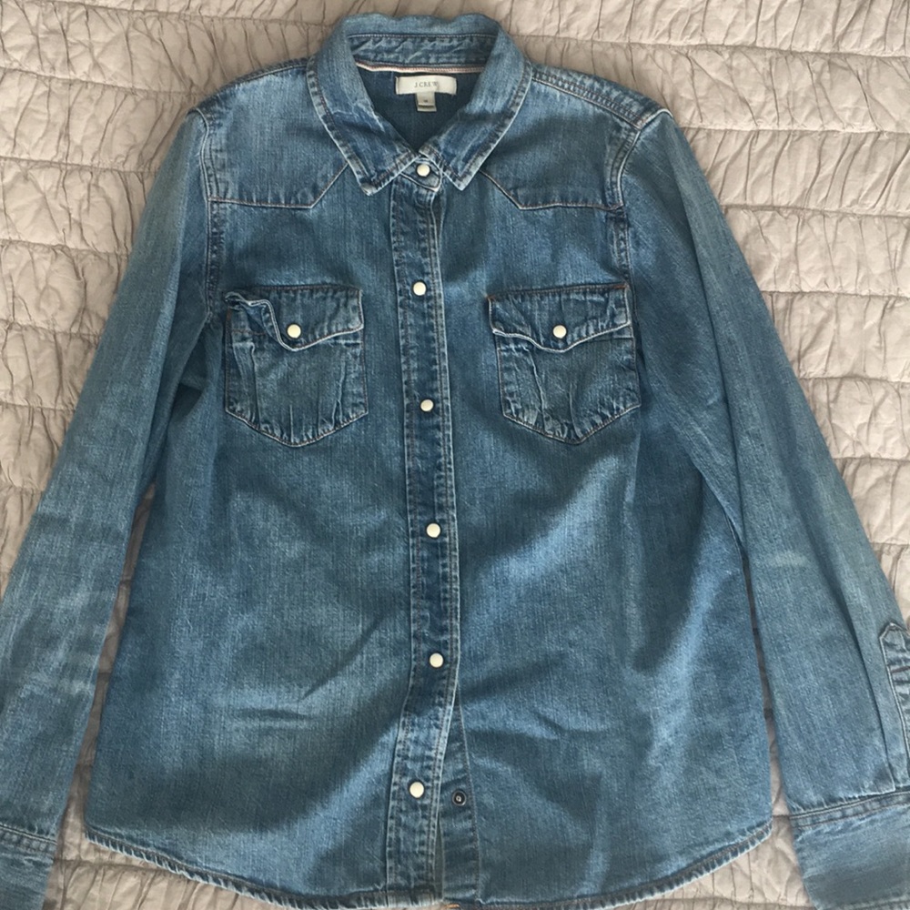 J Crew Distressed Denim Western Shirt Pearl Snap